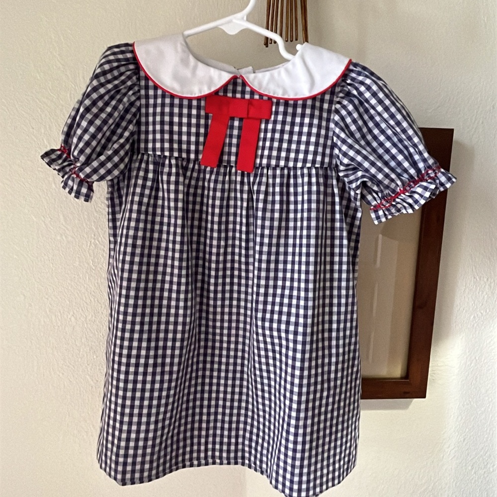 The Beaufort Bonnet Company Navy Gingham Dress with Red Bow